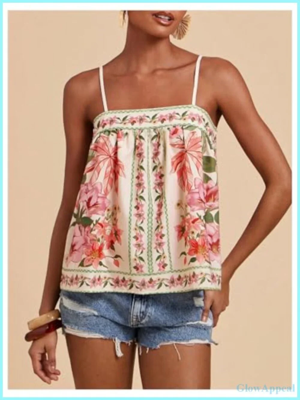 Women's Boho Floral Cami Top Spaghetti Strap Sleeveless Vacation Summer Camisole